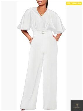 Elegant V-Neck Ruffle Sleeve Wide Leg Jumpsuit Formal Chic Evening Wear